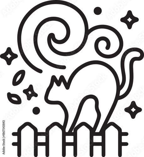 A playful black cat arches its back above a fence in a doodle style