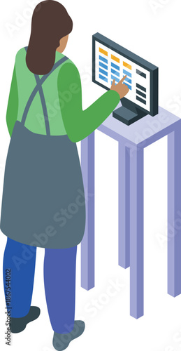 Female cashier using cash register, processing transaction at checkout counter, managing sales and customer service