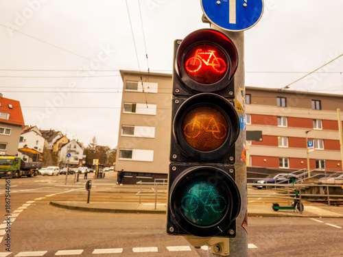This is a colourful traffic light in a German city.