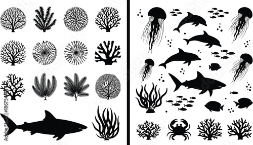 Marine life silhouette set, ocean coral plants and sea animals icons, underwater wildlife vector illustration, isolated white background design collection