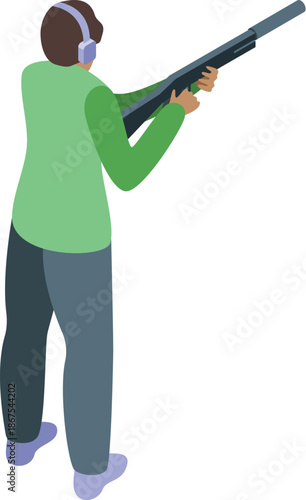 Skeet shooter wearing headphones and aiming with shotgun during competition