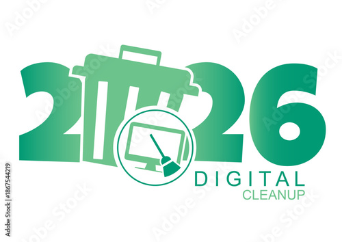 Green 2026 digital cleanup title with trash bin and computer cleaning icon, perfect for eco awareness campaigns, events, and digital cleanup day. Green it concept. Isolated. Vector illustration