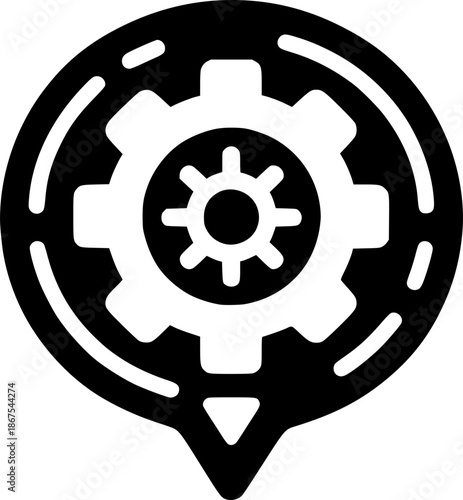 Gear Icon: An emblematic gear icon representing technology and mechanics, centered within a locator mark, suggesting precision and focus on innovation.