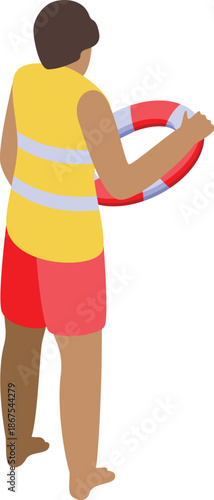 Lifeguard holding a lifebuoy, ensuring safety of swimmers, isometric vector illustration