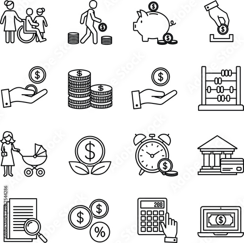 Savings and social security line icons featuring piggy banks pension planning disability support family budgeting and financial assistance.