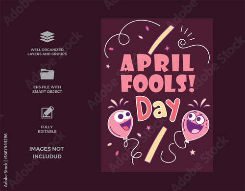 A playful and whimsical april fools' day design with happy balloons and confetti