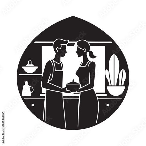 Romantic Couple Cooking Together In Kitchen Silhouette