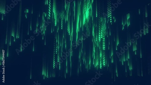 Digital rain effect with green binary code falling on dark background 