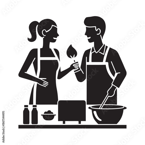 Young Couple Home Cooking Together Silhouette