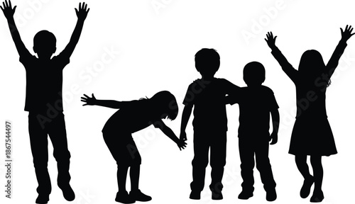 Happy children silhouettes showing playful poses, friendship, joy, freedom, childhood bonding, energetic movement, fun lifestyle concept isolated white background