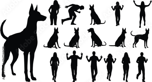 Human and dog silhouette collection showing walking, running, standing and sitting poses, people and pets concept isolated on white