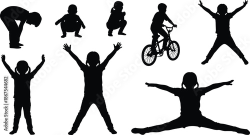 Kids silhouette activity set showing jumping cycling stretching play exercise childhood energy movement fun healthy lifestyle poses collection