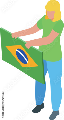 Young activist holding large brazilian flag participating in street demonstration for democracy, freedom and human rights