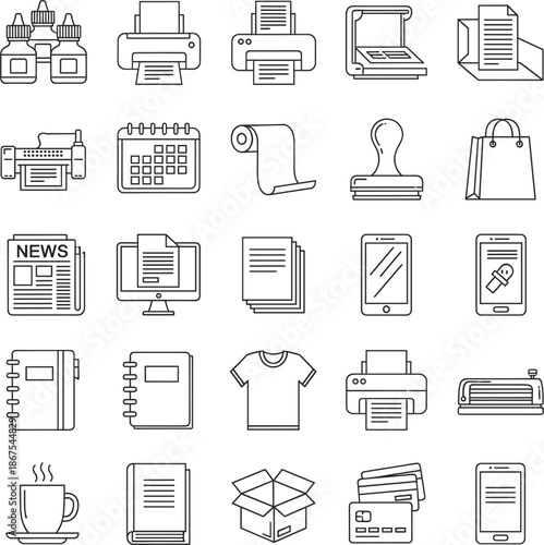 Printing and document services line icons featuring desktop printers scanners ink bottles notebooks newspapers and office publishing equipment.