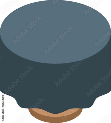 Round table with dark grey tablecloth covering, isometric view, perfect for interior design or furniture related projects