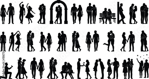 Romantic couple silhouette collection, love dating walking dancing proposal scenes, relationship valentine illustration isolated
