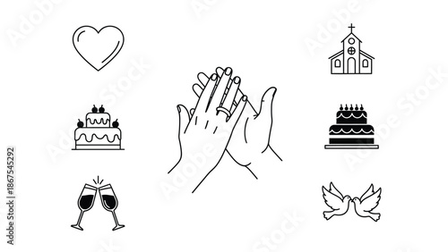 Wedding icons including clasped hands church heart cakes and doves with love and romance and marriage and celebration and line drawing and engagement