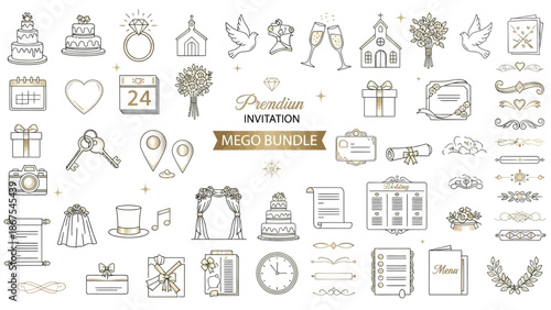Wedding invitation design elements and icons in elegant line art style for diy marriage decorations and stationery with illustration and wedding planning