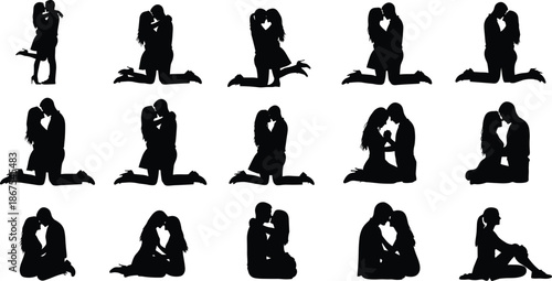Romantic couple silhouette set, kneeling kissing hugging poses, intimate love relationship valentine illustration isolated on white background collection