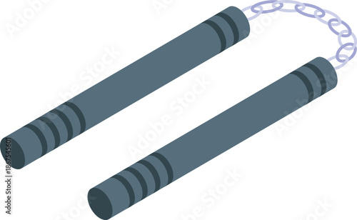 Steel nunchaku weapon swinging on chain, demonstrating martial arts technique