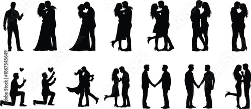 Romantic couple silhouettes collection, love proposal kissing hugging poses, relationship valentine illustration isolated on white
