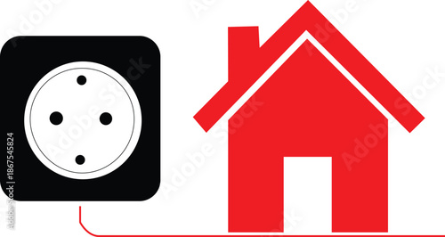 Red house next to a black electrical socket with four holes on white background Keywords: house