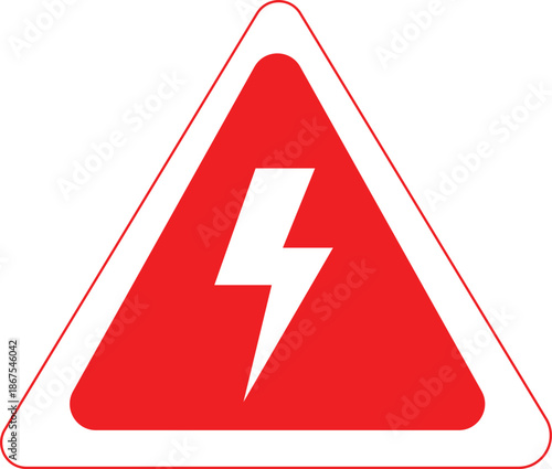 Red triangle warning sign with a white lightning bolt symbol inside on white background Keywords