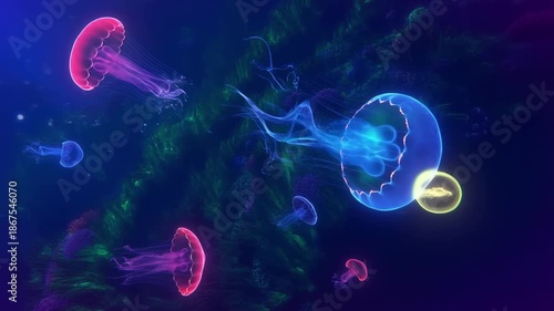 Glowing jellyfish swim in the dark aquarium near green plants as seen in