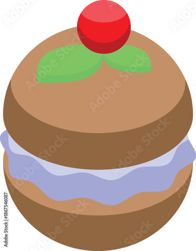 Isometric round cookie with filling, decorated with a red cherry and green leaves, showing baking skills