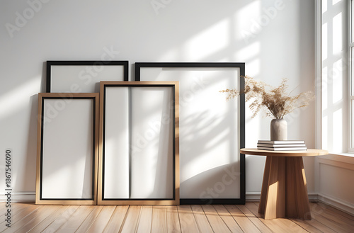 Modern Living Room Poster Frame Mockup with Natural Light and Minimalist Decoration. 3D render.
