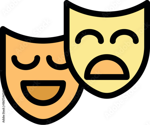 Two masks, one smiling and one frowning, represent the duality of comedy and tragedy in theatrical performances