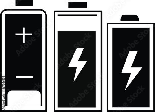 Three Black Battery Showing Different Charge Levels With Plus And Minus Symbols And Lightning Bolts