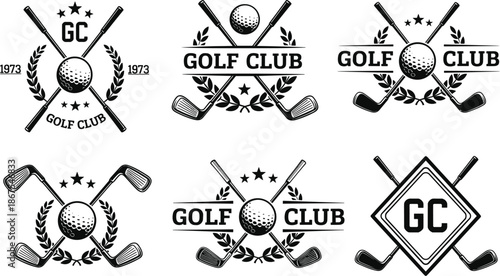 Vintage golf club logo badges illustration showing crossed clubs ball laurel and stars, retro sports emblem collection for branding vector design
