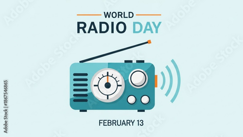 Vibrant illustration of a teal vintage radio on light blue background celebrating world radio day