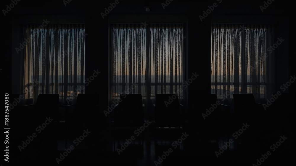 Fototapeta premium Room interior with large windows and curtains, viewed from inside at dusk or dawn. No additional objects or details visible.