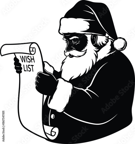 Classic black and white illustration of santa claus reading a wish list