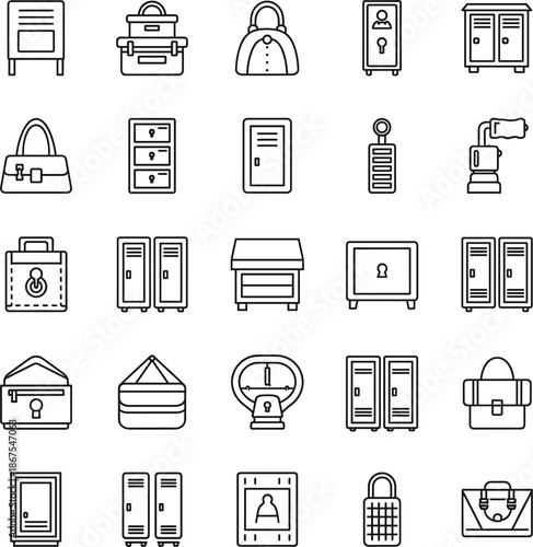Storage and locker line icons set featuring personal bags school lockers filing cabinets safes and secure luggage containers.