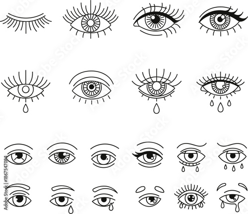 Human eye line icons set featuring various lash styles crying expressions eyebrow shapes and ocular aesthetic beauty symbols