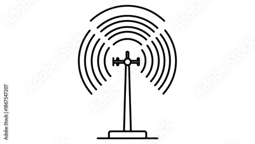 A black line art illustration of a radio broadcasting tower with signal waves emanating from it on a white