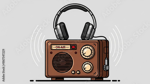 Vintage radio with headphones on top emitting sound waves on air with radio dials
