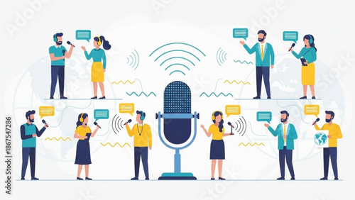 Flat design illustration of diverse people speaking into microphones with speech bubbles and sound waves