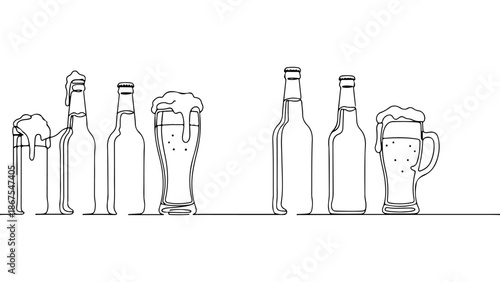 Set of illustrative beer bottles and mugs, showcasing foamy beverages in a clean, minimalist line art style