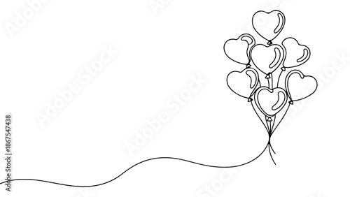 Continuous line art of a bunch of heart balloons, perfect for Valentine's Day designs and romantic celebrations