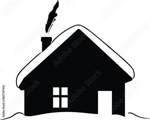 Cozy snow covered cabin silhouette with smoke rising from chimney