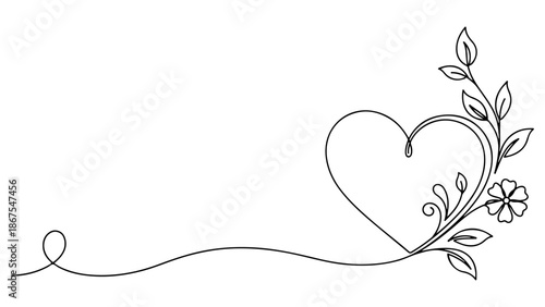 Elegant Continuous Line Art Heart with Floral Embellishments A Romantic Valentine's Day Illustration