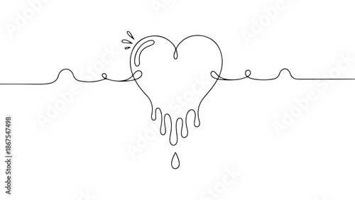Continuous line art for Valentine's Day, symbolizing love with a melting heart on a heartbeat EKG line, perfect for romantic celebration cards and designs