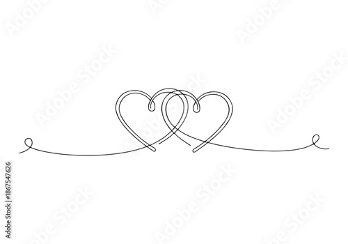 Elegant Continuous Line Art Illustration of Two Intertwined Hearts, Perfect for Valentines Day Design Elements