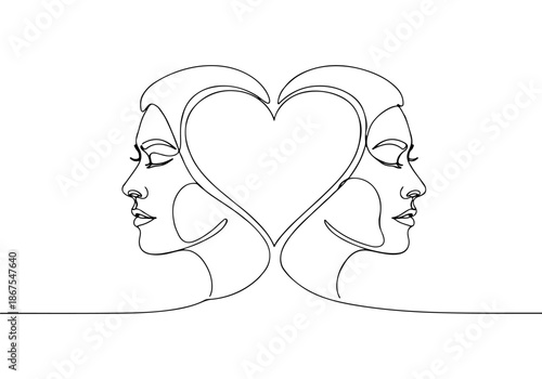 A beautiful continuous line art illustration of two faces creating a heart shape, perfect for valentines day designs and romantic concepts