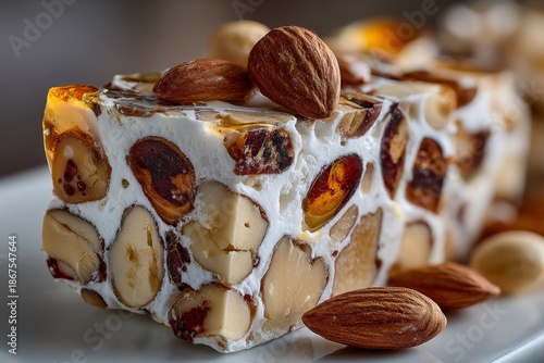 Traditional Spanish turron nougat bar with almonds, hazelnuts, and dried fruit, symbolizing festive holiday treats and Mediterranean culture