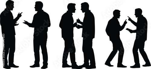 Men silhouettes arguing and discussing in pairs, communication conflict debate gesture collection vector illustration, black male figures isolated on white background
